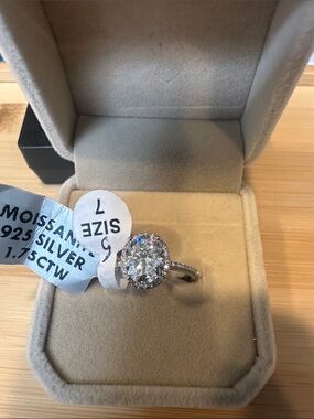 Sterling Silver Halo Moissanite Ring in Silver - Size 7